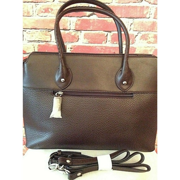 NWT Chocolate Vegan Leather Covered Lock & Key Medium Top Handle Satchel Handbag - Picture 7 of 11